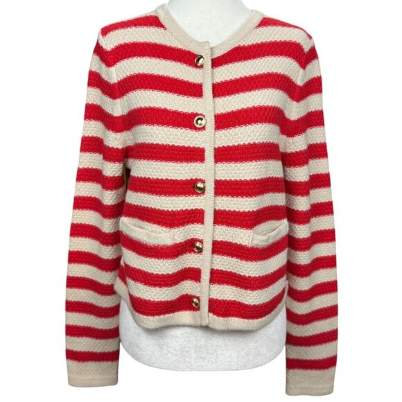 A New Day Womens XS Red White Striped Knit Cardigan Sweater Gold Button Pockets - Picture 2 of 9
